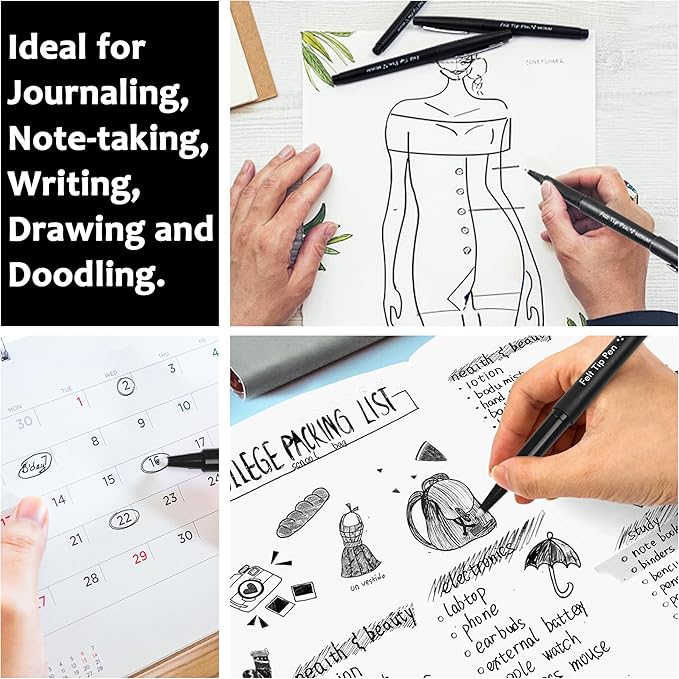 Lelix Felt Tip Pens, 30 Black Pens, 0.7mm Medium Point Felt Pens, Felt Tip Markers Pens for Journaling, Writing, Note Taking, Planner, Perfect for Art Office and School Supplies