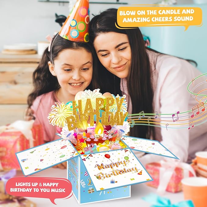 Large Pop Up Birthday Cards with Blowable Lights and Music,Funny Happy Birthday Cards 3D Greeting Cards Special Birthday Gifts for Kids Teens Women Men Son Daughter