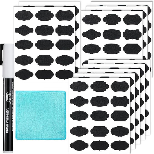 Mr. Pen- Chalkboard Labels, 150pcs, Assorted Shapes, White Chalk Marker & Small Towel, Sticker Labels for Storage, Bottle & Food Jars