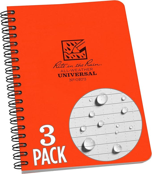 Rite in the Rain Weatherproof Side Spiral Notebook, 4.625" x 7", Orange Cover, Universal Pattern, 3 Pack (No. OR73L3)