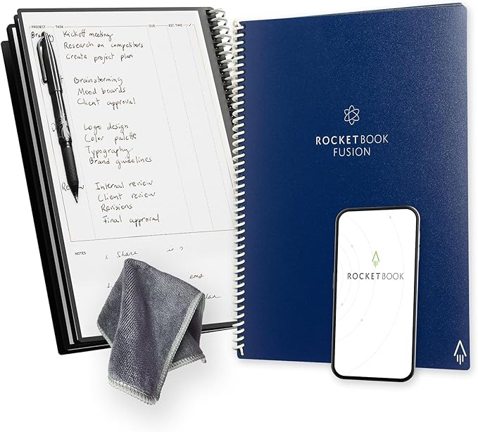 Rocketbook Fusion Reusable Undated Productivity Planner, Letter Size 8.5x11, Navy Blue - Goals, Monthly and Weekly Calendar, Daily To-do List, Lined and Dotted Notes Pages