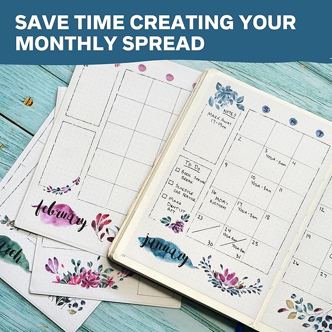 Undated Monthly Calendar Planner Stickers Compatible with A5 Bullet Dot Grid Journals (5.3 x 7.7") - 12-Month Calendars Cute Floral Illustrations, Flower Journal Supplies, Templates, Agenda Layouts
