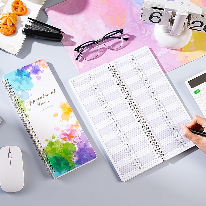 Appointment Book - Salon Appointment Book, 11.5" x 4.7", Hourly Planner, 2 Columns, Undated, 6 AM - 9 PM, Spiral Bound, 200 Pages, Colorful