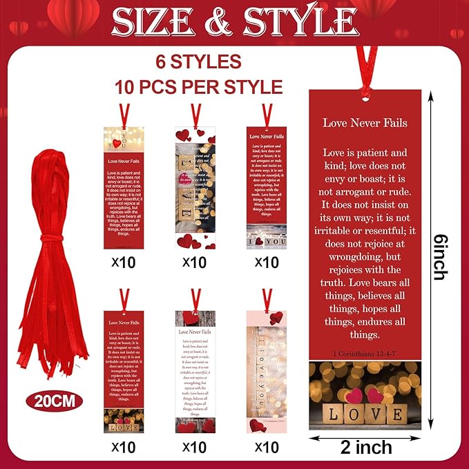 60 Pcs Love Never Fails Bookmark Valentine's Day Bookmarks Red Heart Valentines Day Exchange Gifts for Valentine's Party Favors