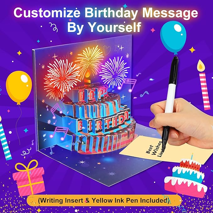 Musical Birthday Card, Pop up 3D LIGHTS & SOUND Firework Happy Birthday Decorations Greeting Cards for Women With Envelopes Purple