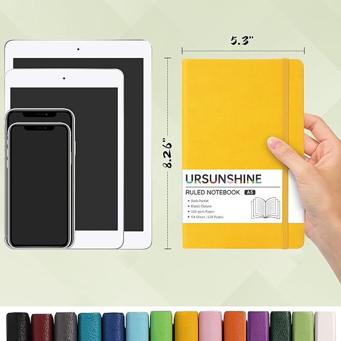 Ruled Notebook/Journal - Classic Lined Journal/Notebook, Hardcover with Thick Paper, 5.3" x 8.26", Banded + Ribbon Bookmark +Inner Pocket - Yellow