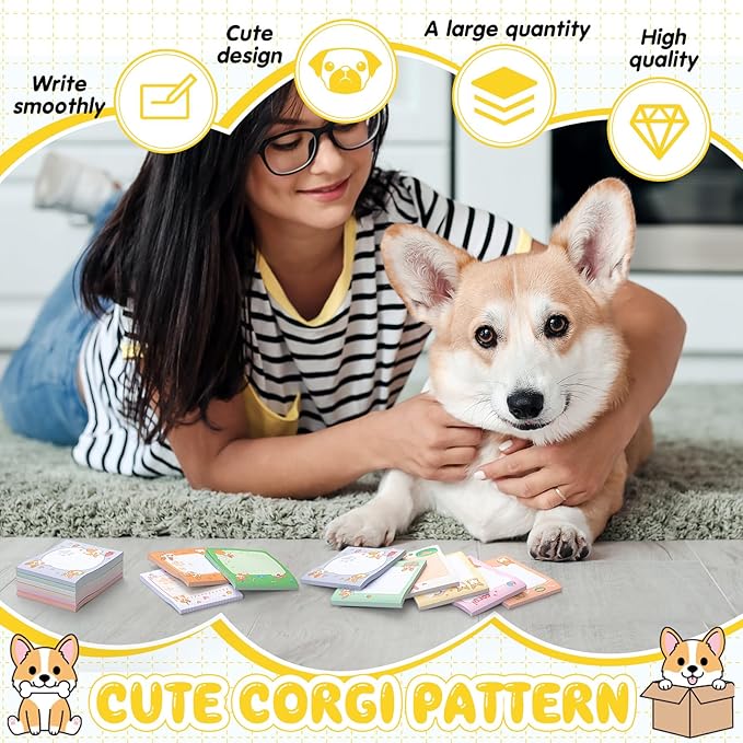 Sabary 9 Pads Sticky Notes 3.15 x 3.94 Inches Cute Self Sticky Note Pads Colored Adhesive Notepad for Memo Reminder Journal Studying Office Home Gift(Corgi)