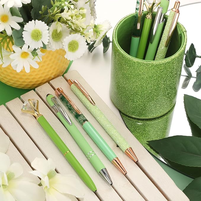 Sabary 8 Pcs Ballpoint Pens with Pen Holder for Desk Glitter Crystal Diamond Fancy Pencil Holder Bling Desk Organizer Cute Stationery Supplies for Women Girls Wedding Office School Gifts(Green)