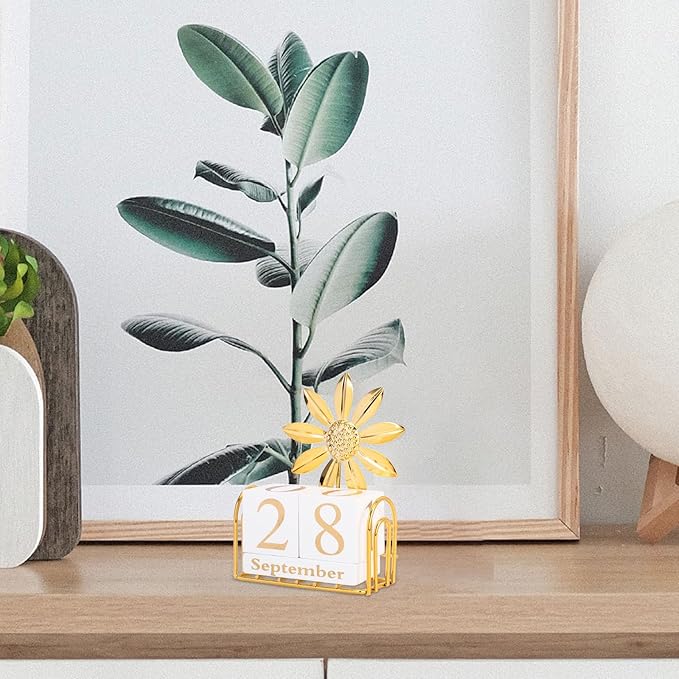SUPVOX Wooden Block Calendar for Desk Daily Desktop Perpetual Calendar Wood Month Date Display Blocks Farmhouse Desk Accessories for Home Office Decor Reusable Yearly Sunflower Design