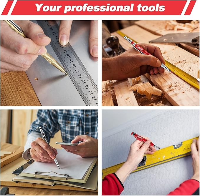 Enhon 6PCS Carpenters Pencils Mechanical Pencil Set with 24 Refills and Carbide Scriber Tool, Deep Hole Woodworking Pencils Joiners Pencil Carpenter Tools with Sharpener for Architect Construction