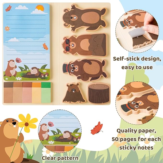 I Just Really Like Groundhog Sticky Notes Set - Cute Animal Self-Stick Note Pads Divider Tabs Bundle Writing Memo Pad Page Marker Back to School Office Supplies Groundhog Day Party Favor Gift