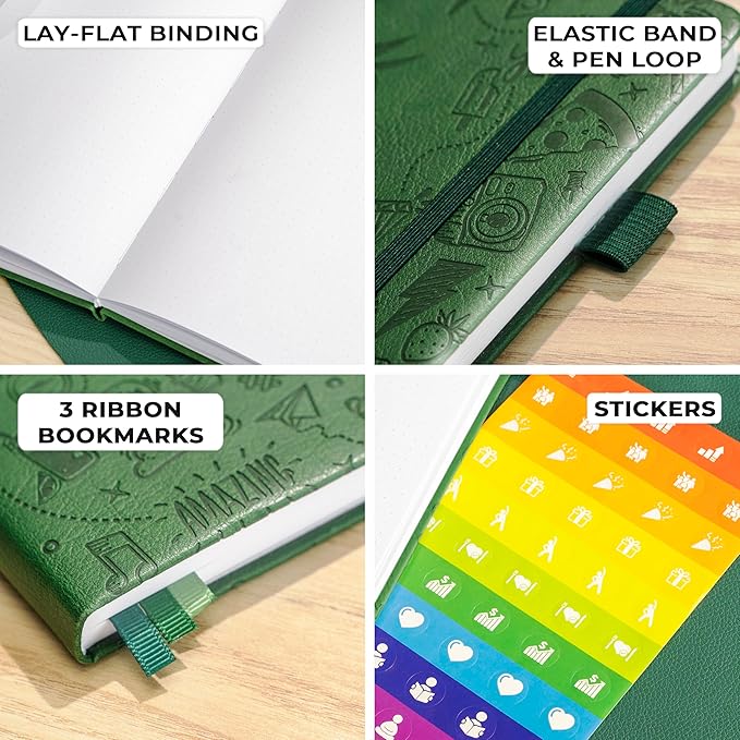 Clever Fox Dotted Journal 2.0 – Compact Planning and Sketching Dot Grid Notebook 120 GSM Thick, No-Bleed Paper – Planner with Pen Loop, Pocket, Ribbons, Stickers A5 - Forest Green