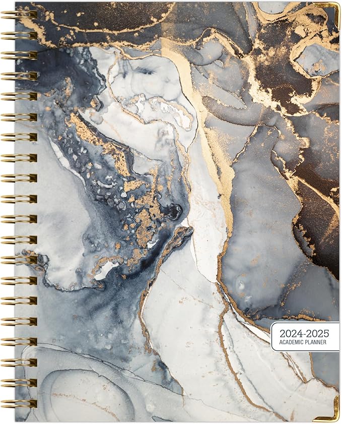 HARDCOVER Academic Year 2024-2025 Planner: (June 2024 Through July 2025) 8.5"x11" Daily Weekly Monthly Planner Yearly Agenda. Bookmark, Pocket Folder and Sticky Note Set (Black Gold Marble)