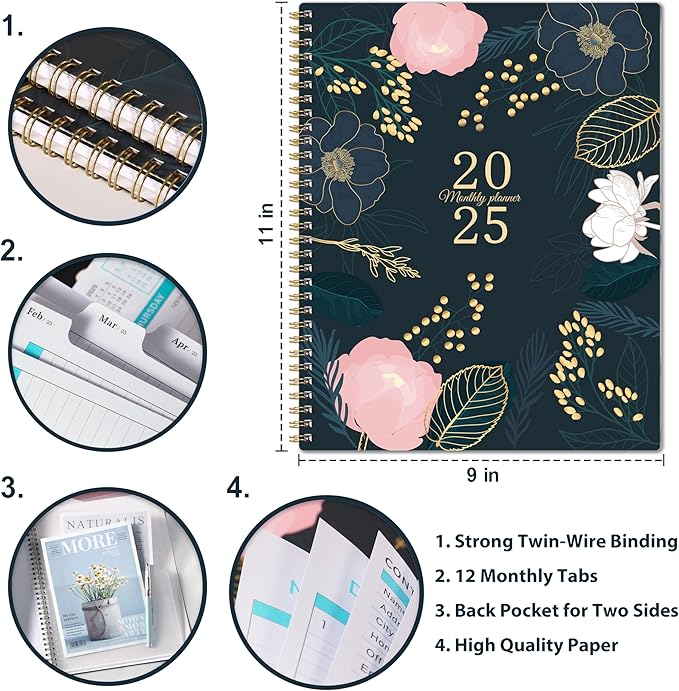 2025 Monthly Planner - Monthly Planner/Calendar 2025, Jan 2025 - Dec 2025, 9‘’ x 11'', Monthly Tabs, Double-Sided Pockets, Twin-Wire Biding, Holidays, Notes Pages, Julian Dates