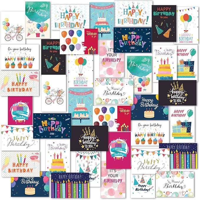 Harloon 200 Pack Happy Birthday Card Assorted Bulk with Blank Envelopes and Stickers 4 x 6 Inches Greeting Blank Happy Birthday Cards for Men Women Adults Kids, 20 Styles(Colorful Style)