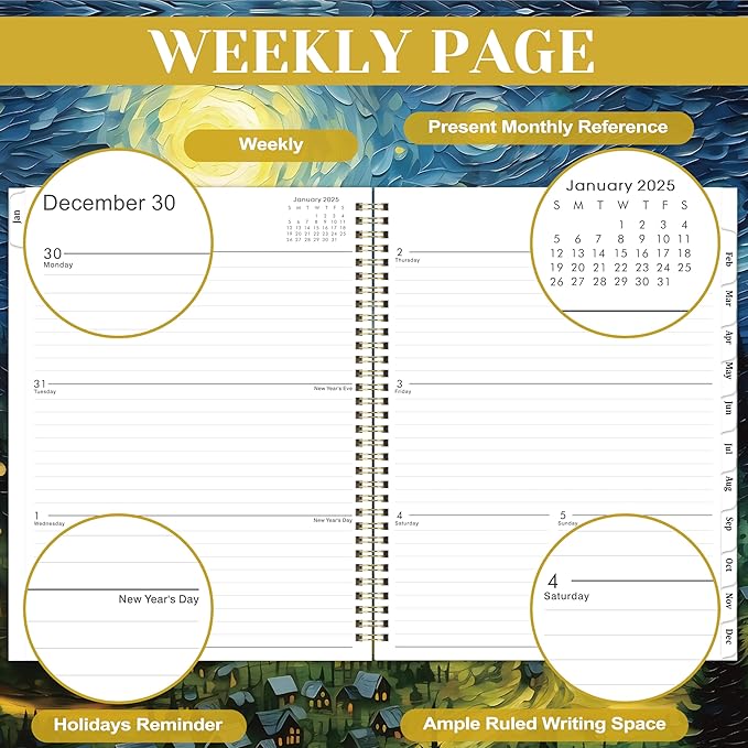 2025 Planner - Planner 2025, Jan 2025 - Dec 2025, 2025 Planner Weekly and Monthly, 8.5" x 11" 2025 Calendar Monthly Planner with Tabs& Pocket, Flexible Cover, Twin-Wire Binding- Oil Painting
