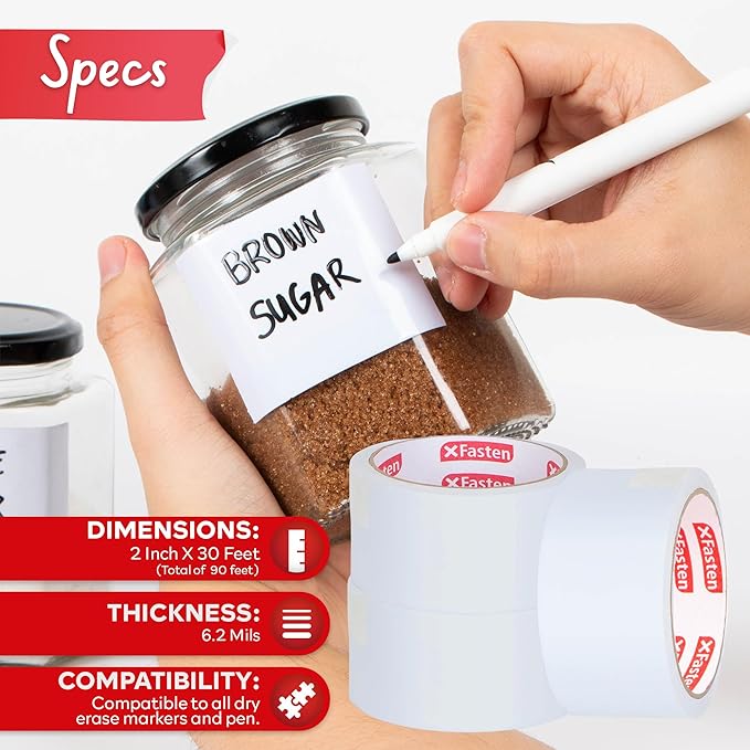 XFasten Dry Erase Tape White 2-Inch x 30-Feet (3-Pack 90 Feet Total) Zero Smudging Ghosting-Free Whiteboard Tape, Reusable Dry Erase Labels for Storage Bins, Sentence Strips for Teachers