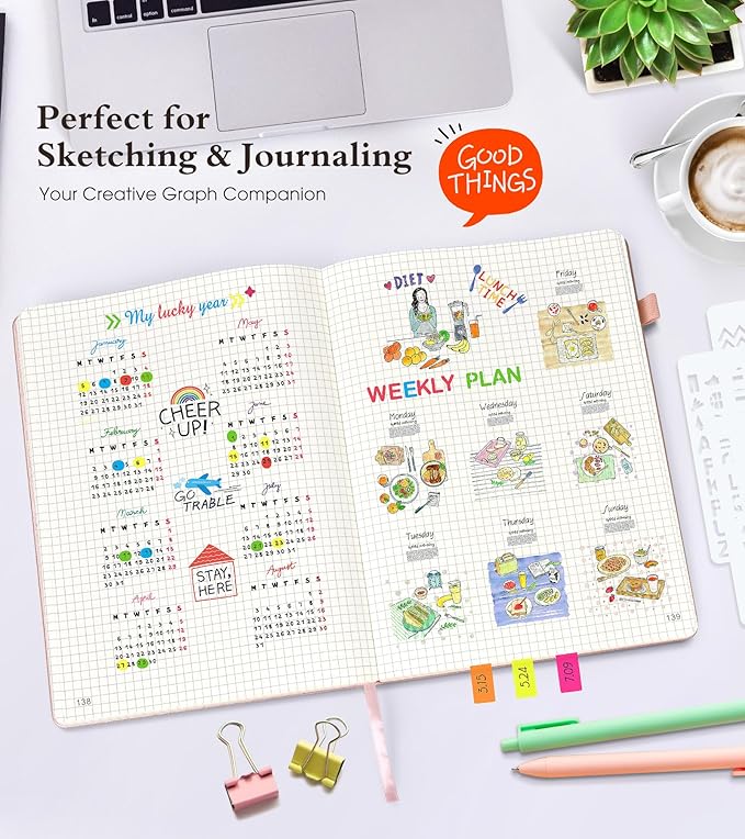 Graph Paper Notebook Journal, 360 Numbered Pages Grid Notebooks 8.5 x 11, Thick 100gsm Paper Graphing Journals for Women Men, A4 Large Hardcover Graph Leather Journals for Writing Pink