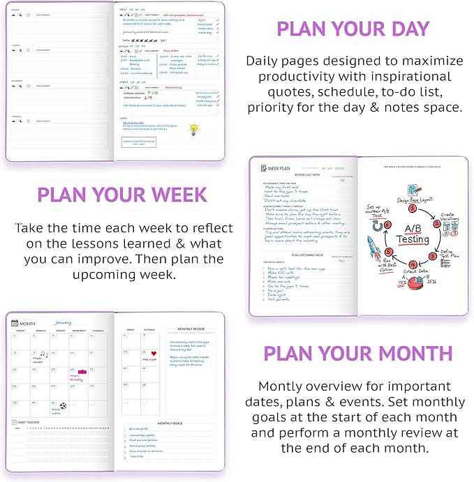 Pro - Goal Setting Planner to Increase Productivity and Achieve Personal and Business Goals. 12 Month Undated Daily, Weekly and Monthly Journal Organizer with Calendar (Lilac)
