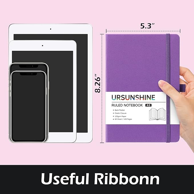 Ruled Notebook/Journal - Classic Lined Journal/Notebook, 5.3'' x 8.26'', Hardcover with Thick Paper, Banded + Pen Holder +Inner Pocket - Purple