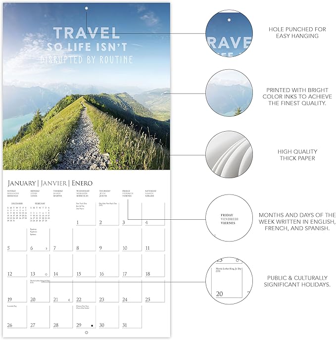 Graphique 2025 Wanderlust Wall Calendar | 12” x 12” | Thick Paper | Home & Office Organizer | Large Monthly Grid | 3 Languages & Marked Holidays | 4 Month Preview Page for 2026
