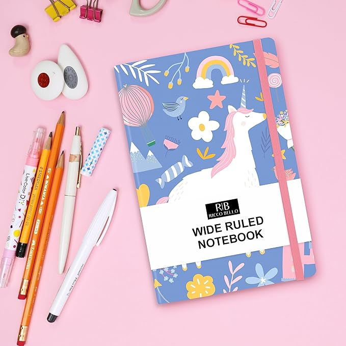RICCO BELLO Wide Ruled Hardcover Diary Journal School Notebook for Kids, Tweens - Bookmark, Band Closure, Storage Pocket, 5.7 x 8.4 Inches,192 Pages, (Blue Unicorn)