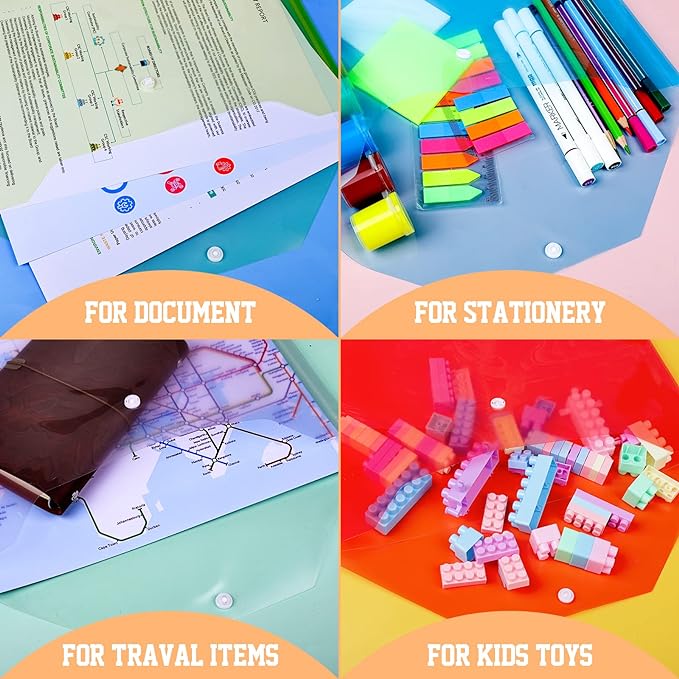 LEOBRO Plastic File Folders, 24 PCS Plastic Folders for Documents, File Folders, A4 Plastic Envelopes with Snap Closure, Letter Size Clear Envelopes Folders, Reusable File Bags, Document Holder