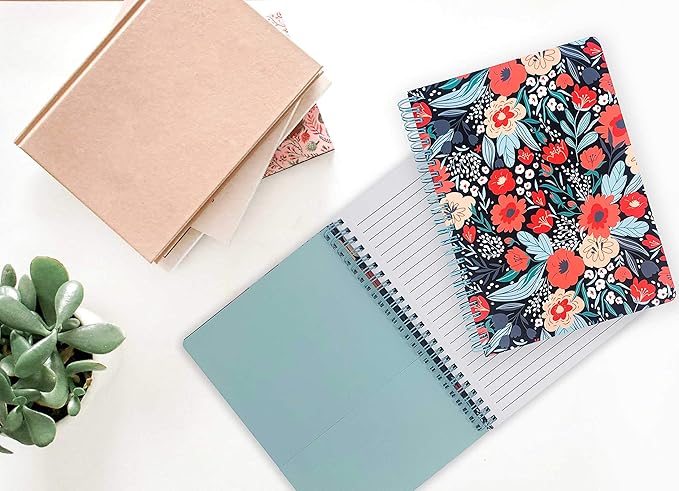 Steel Mill & Co Cute Red/Blue Mini Spiral Notebook, 8.25" x 6.25" Journal with Durable Hardcover and 160 Lined Pages, Folk Floral