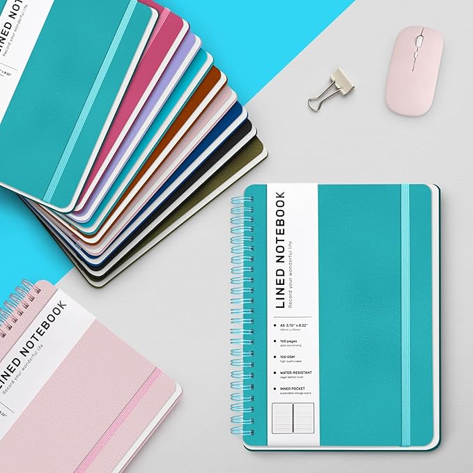 Lined Spiral Journal Notebook, A5 Hardcover Leather Notebook for Work, 5.7''×8.2'', 100GSM Thick Paper Spiral Bound Journaling Notebooks for Women & Men Office School Note Taking Business, Lake Blue