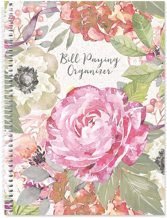 Pale Peony Bill Paying Organizer Book - Large 9" by 12 inch, Spiral-Bound, 14 Pocket Pages, 32 Label Stickers, Bill Tracking Receipt Storage