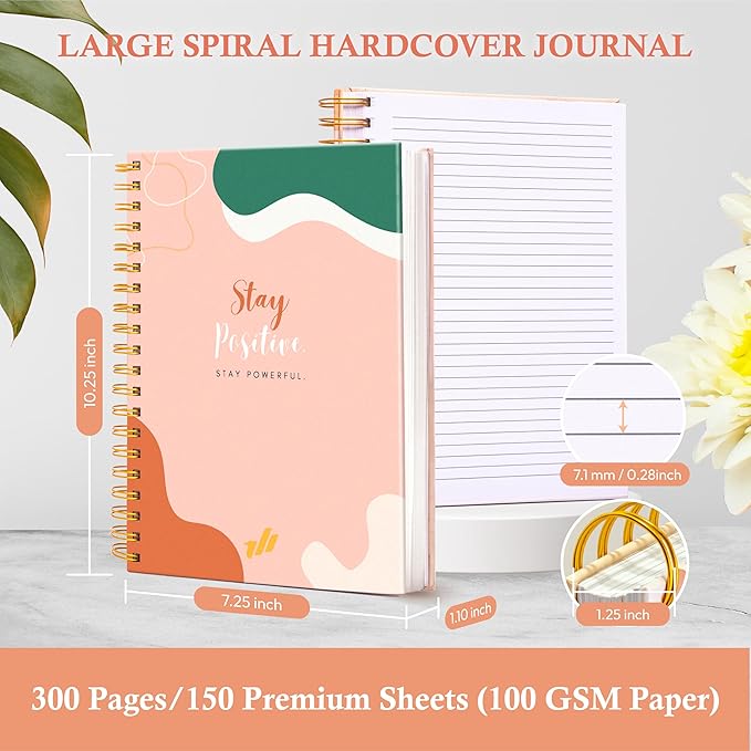 Hardcover Spiral Journal, 10.25" x 7.25", 300 Pages Large College Ruled Notebook for Women, Ideal for Writing, Journaling, Note-Taking, Work, School