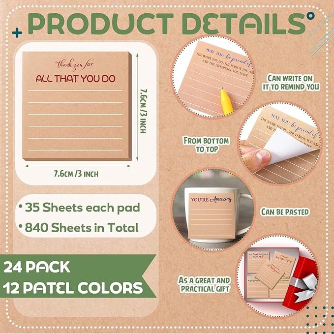 Yinder 24 Pcs Employee Appreciation Sticky Notes Thank You Gifts Bulk Note Pads with Sayings Teacher Gift Mini Pocket Inspirational Notepads for Coworker Office Supply 3 x 3''(Kraft Color,Thanks)