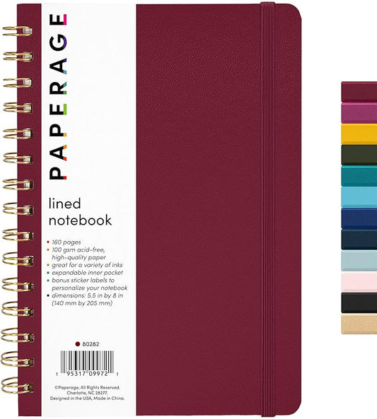 PAPERAGE Lined Spiral Journal Notebook, (Burgundy), 160 Pages, Medium 5.5 inches x 8 inches - 100 GSM Thick Paper, Hardcover, Double-Wire Spiral Journal & Notebook