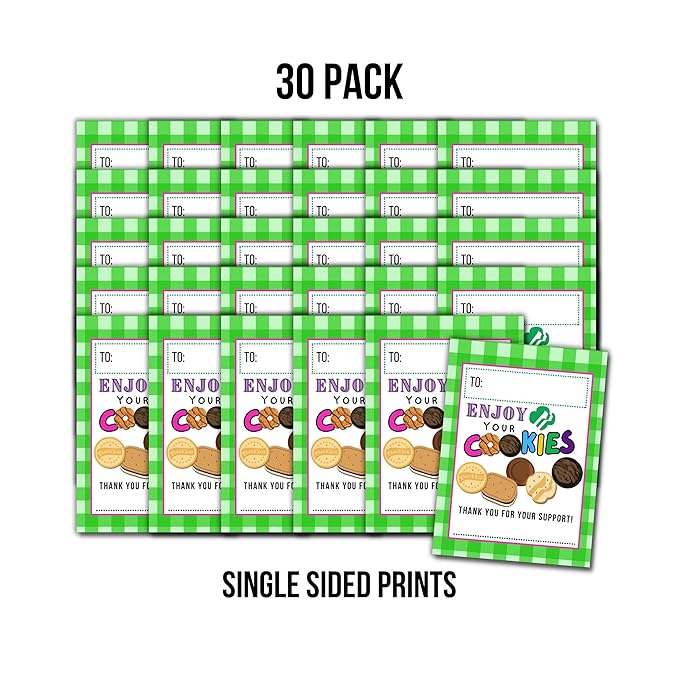 Scout Cookie Thank You Cards Re- Order | 30 pk 4.25 x 5.5” Postcards Green For Your Support Enjoy Your Cookies Troop Leader Box Tags