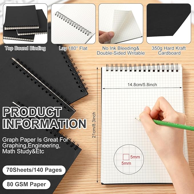 Graph Paper Spiral Notepad A5 Top Wirebound Notepad Grid Notebook Steno Pads Memo Notebook Grid Paper 140 Pages for Writing Sketching Drawing Office Supplies(Black,8 Pack)