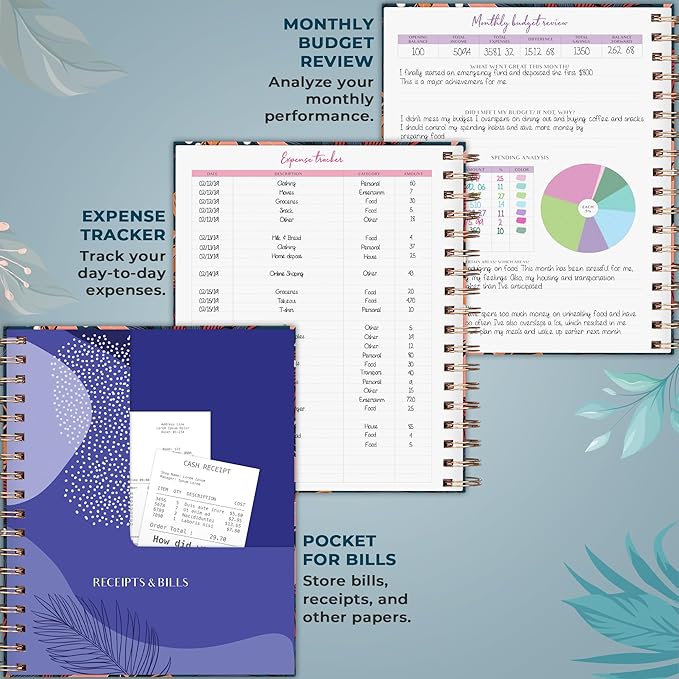 PLANBERRY Large Budget Planner & Monthly Bill Organizer with Pockets – Budgeting Book, Finance & Expense Tracker, 8.3x9.4″ (Tropical Night)