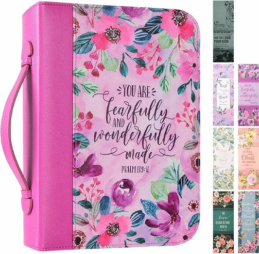 Bible Covers Case for Women Large Leather Bible Carrying Cases Holder Pink 10.8"x7.8"x2" Floral Bible Carrier Tote Bags with Bookmarks Handles Pockets Christian Study Bible Book Gifts