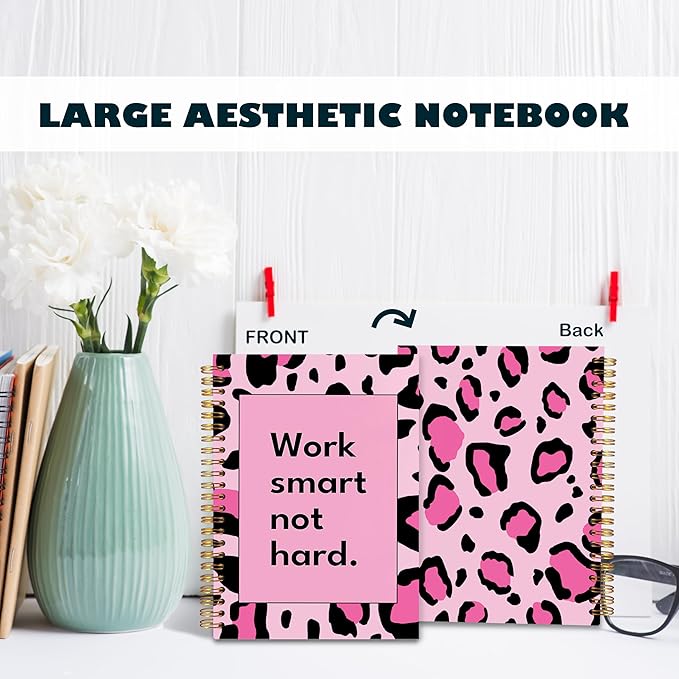 BearCake Hot Pink Leopard Preppy Notebook, Leopard Print Gifts for Women, Preppy Journal, Work Smart not Hard Hardcover Spiral Notebook 5.5x8.3, Leopard Print Office Supplies