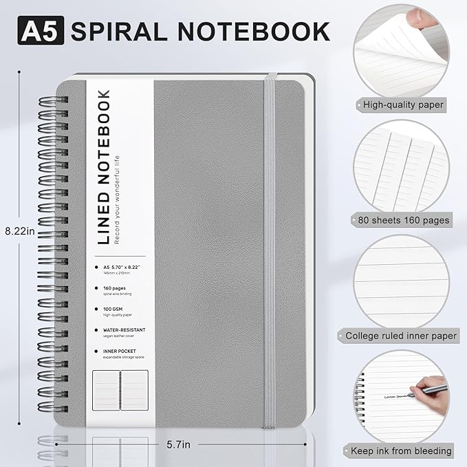 ABERLLS Gray Lined Spiral Journal Notebook with 160 Pages, 8×5.7in, A5 Spiral Notebook, Journaling Notebooks for Work, School, Women, Men, College Ruled Spiral Notebook, Hardcover Leather Journals