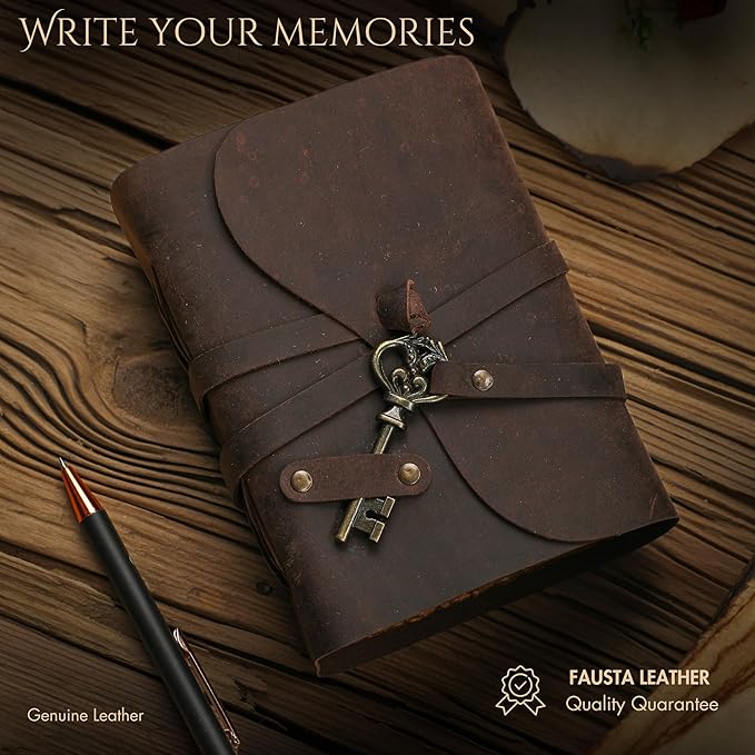 Fausta Vintage Handcrafted Leather Journal with Key for Writing, 240 Pages 8 x 6 inches, Deckled Cotton Paper Notebook/Diary for Men and Women 150 GSM Drawing/Sketchbook, Rustic Brown