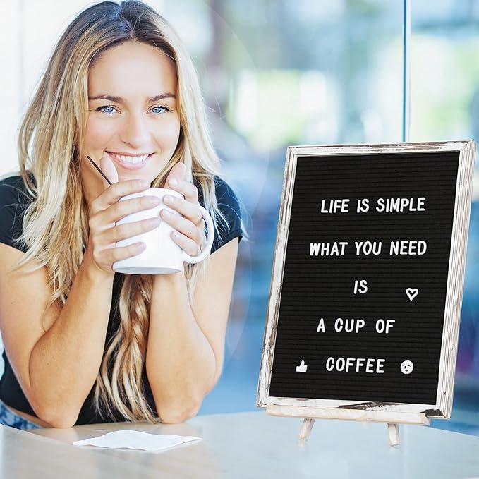 Felt Letter Board with Rustic Vintage Frame and Stand 12x16 inch,Black Changeable Letter and Message Board Includes 792 Letters, Numbers and Symbols, Hook to Hang, 2 Canvas Bags