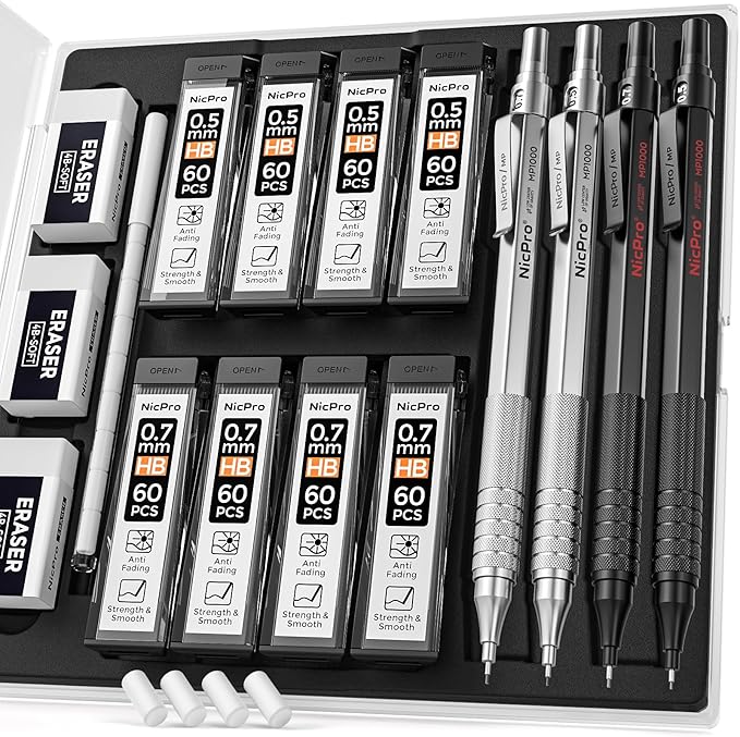 Nicpro 4 Pack Metal Mechanical Pencil Set 0.5 mm & 0.7mm with Case, Artist Pencil MP1000 with 8 Tubes HB & 2B Lead Refill, 3 Eraser, 9 Eraser Refill For Art Writing Drafting Drawing,Black & Silver