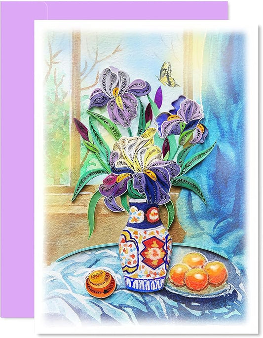 KingKraft Iris Flower Quilling Card, Handcrafted Greeting Card for All Occasions, Birthday Card for Mom, Thinking of You, Get Well, Anniversary, Valentines Day, Mothers Day Card, Blank Inside