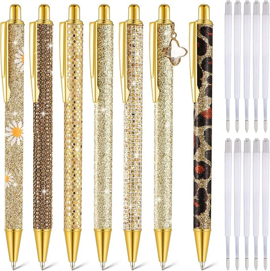 Sherr 7 Pcs Fancy Pens for Women Cute Sparkly Glitter Pens with 10 Pcs Black Ink Refills Pretty Gifts for Girls Office School Christmas Graduation(Gold,Delicate)