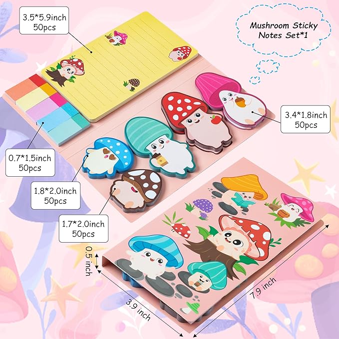 B1ykin Sticky Notes Set - Cartoon Theme Cute Self-Stick Notes Pad Teacher Appreciation Gifts， Self-Adhesive Writing Memo Pages Sticky to Do Notepad for Kids Employee School Office (Mushroom)