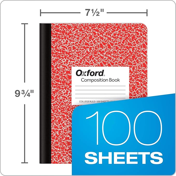 Oxford Composition Notebook 6 Pack, College Ruled Paper, 9-3/4 x 7-1/2 Inches, 100 Sheets, Assorted Marble Covers. 2 Each: Blue, Green, Red (63763)