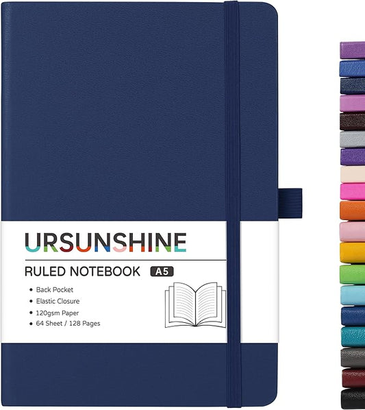 Ruled Notebook/Journal - Classic Lined Journal/Notebook, 5.3'' x 8.26'', Hardcover with Thick Paper, Banded + Pen Holder +Inner Pocket - Dark Blue