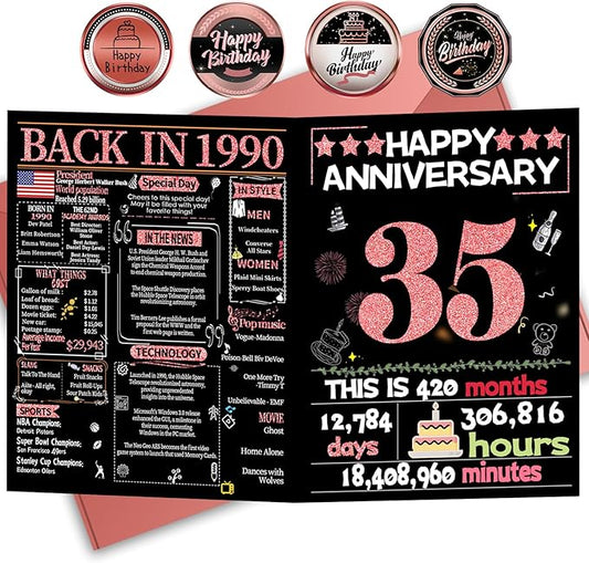 Joycard 35th Anniversary Card for Women, Coral Wedding Card for Wife, Sweet Marriage Decorations Gifts for Couple, Perfect for Her on Anniversary Day, Back in 1990