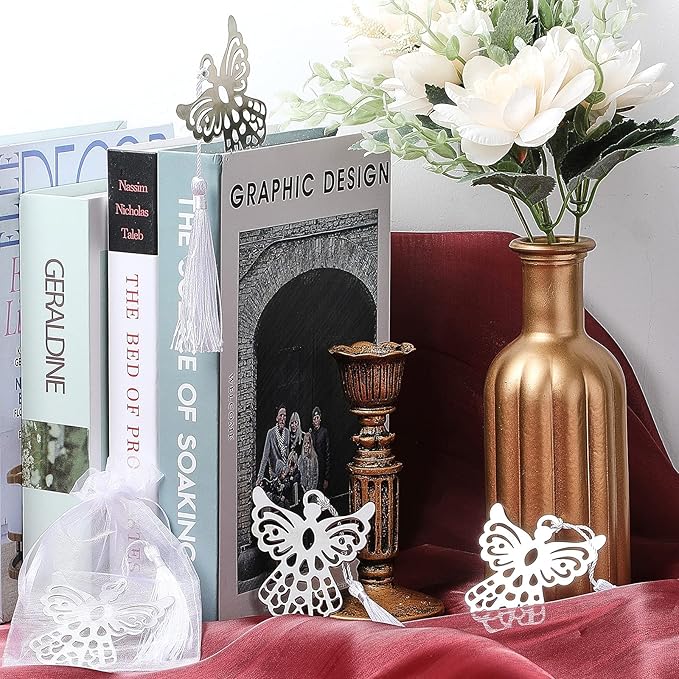 Chinco Metal Angel Bookmark Angel Charm Party Favors with Silky Tassels Angel Bookmark Bulk for Funeral Christmas Wedding Party Gift Book Lovers(40 Pieces)