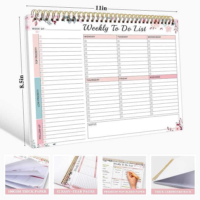 Weekly To Do List Notepad with 52 Undated Sheets（8.5"×11"）- Undated Weekly Desk Planner for Women & Man, School/Office Supplies - Whispering Petal